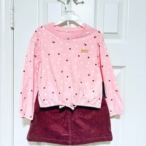 DKNY 2pc pink  long sleeve shirt & burgundy/gold corduroy skirt set /Size: 3T